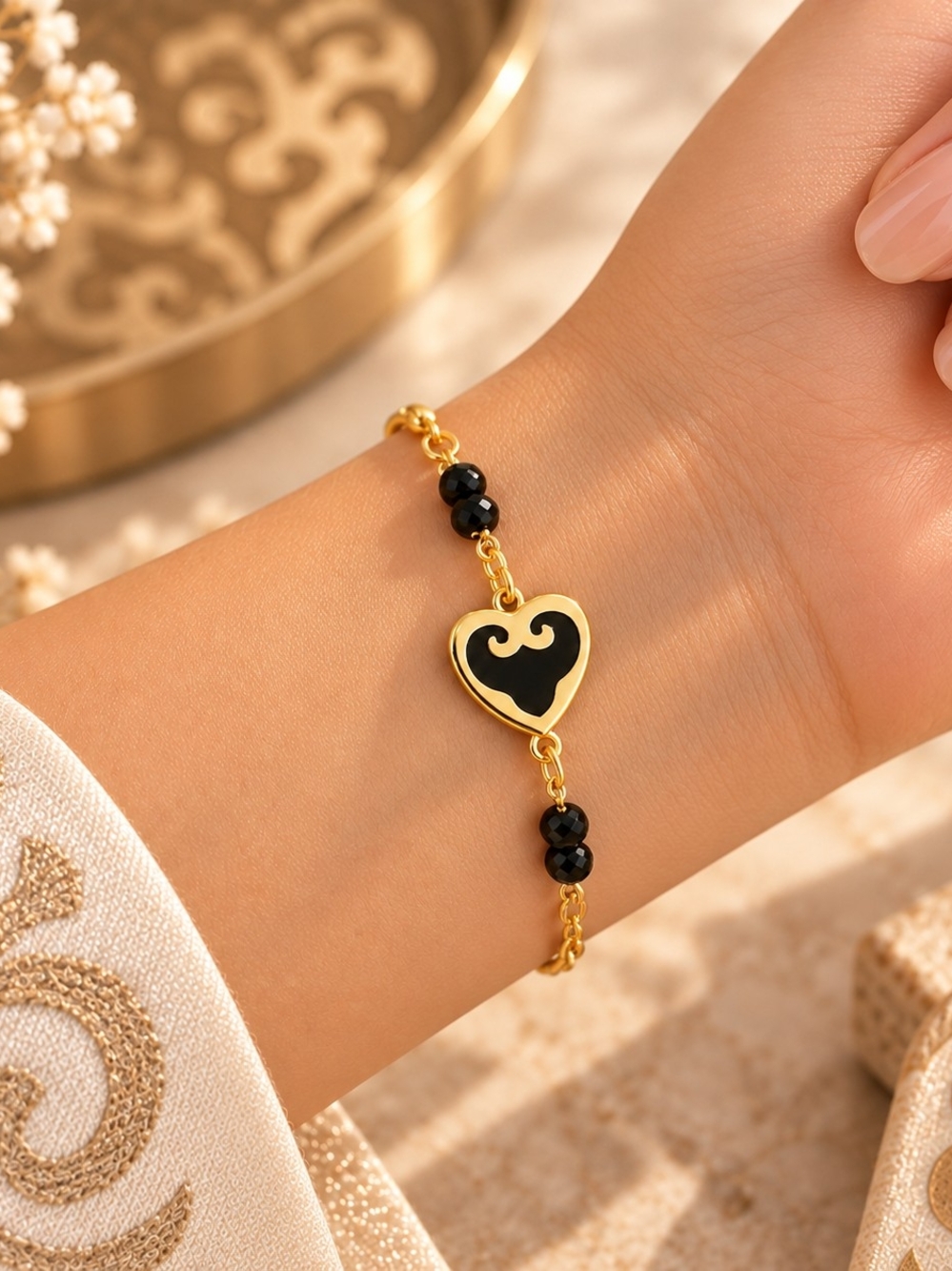 Kazakh Inspired Black & Gold Heart Adjustable Bracelet